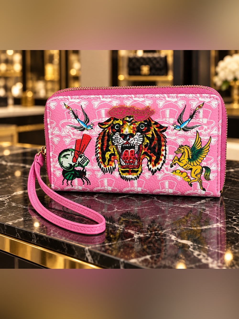 Ed Hardy Rhinestone Tiger Pink Tattoo Print Double Zip Wristlet Wallet NWT
